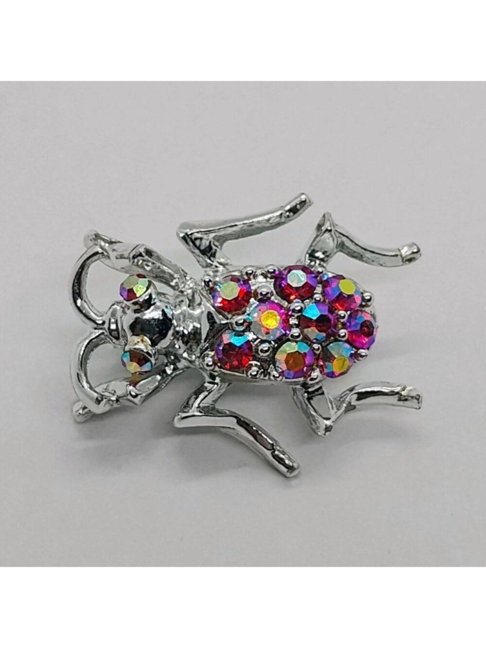 Red AB Rhinestone Beetle Bug Insect Brooch Pin 1 1/4" Silver Tone